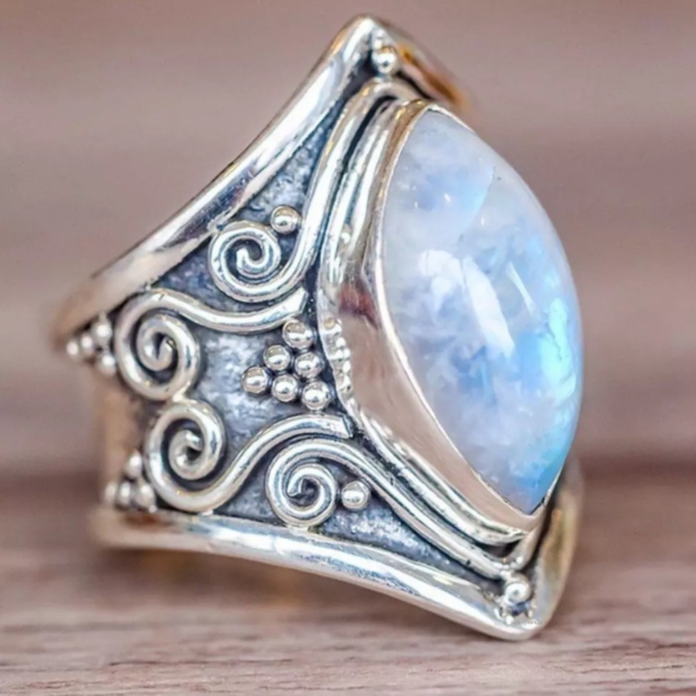 New Silver Color Big Opal Stone Ring Bohemian - Picture 2 of 6